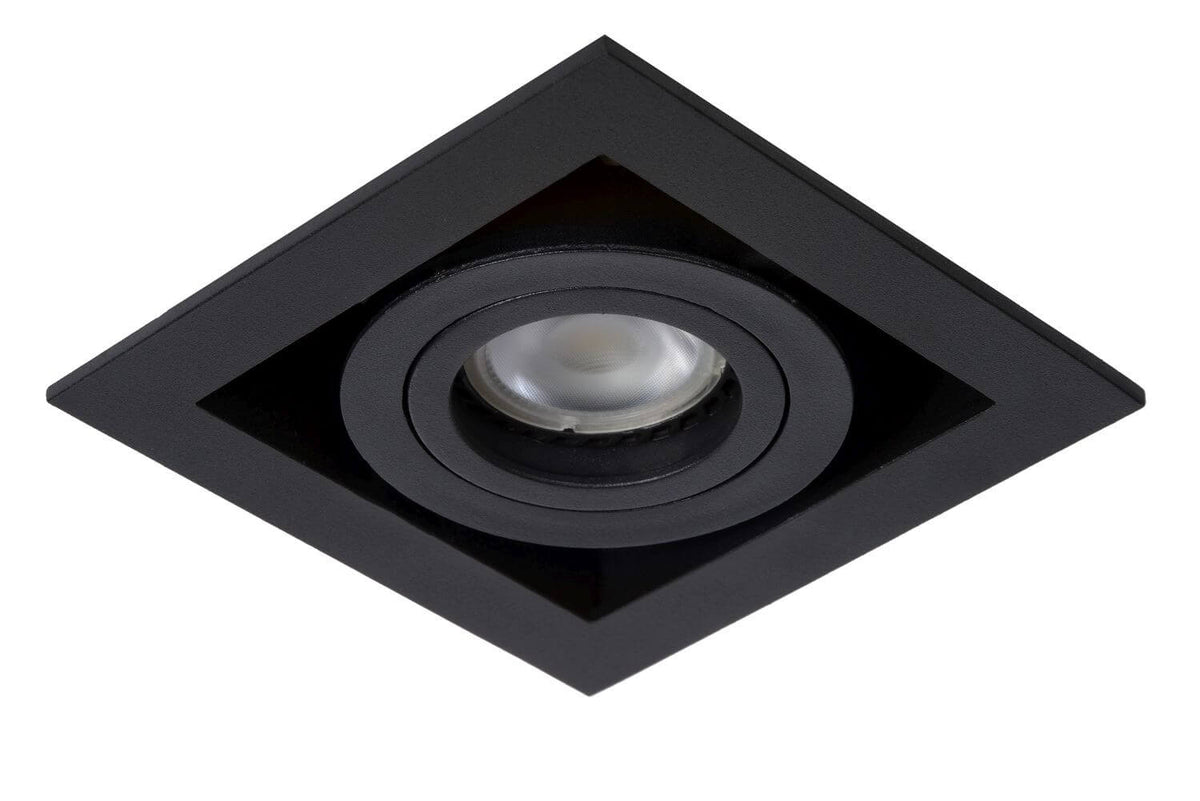 Spot encastrable noir éteint vu de dessous, lentille transparente et collerette carrée