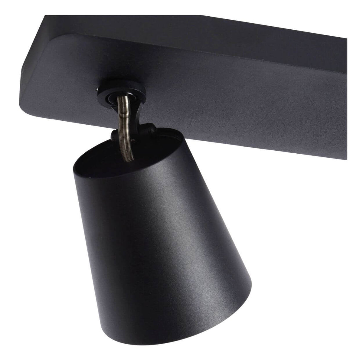 Gros plan sur la rotule métallique et l'articulation orientable du projecteur noir