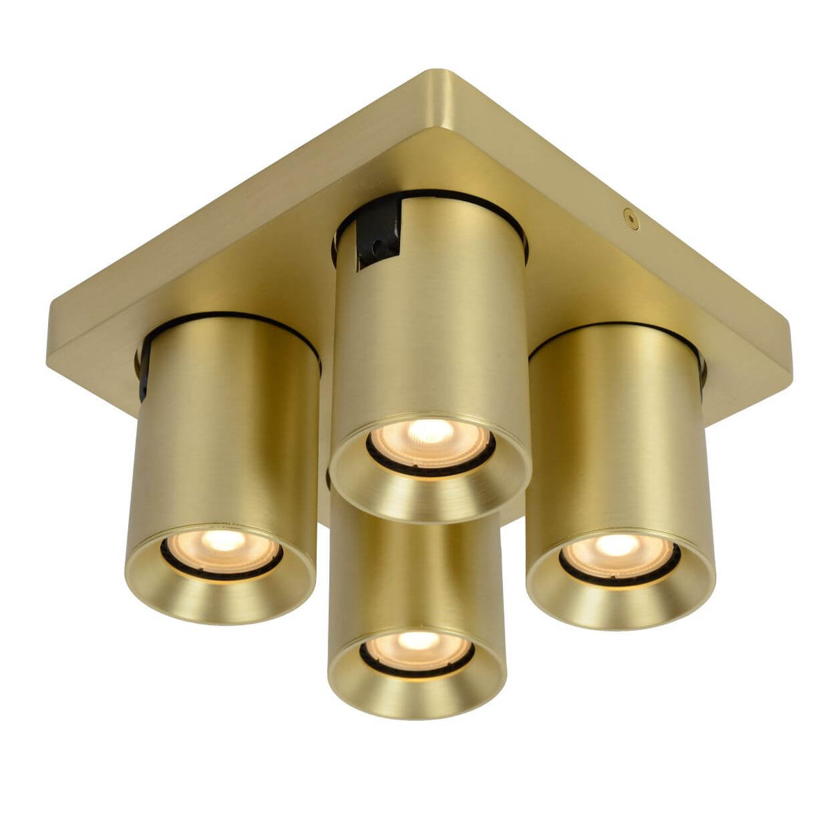 Produit vu de face sur fond blanc, quatre projecteurs cylindriques allumés