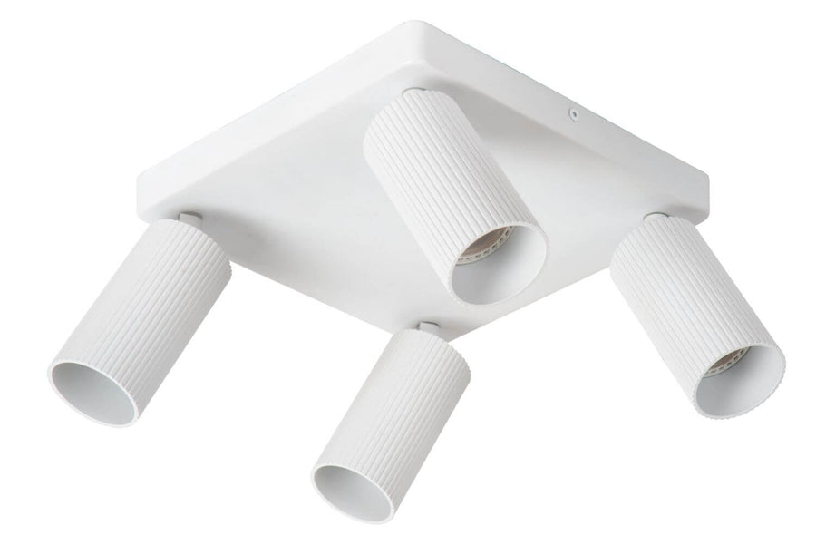 Vue du plafonnier blanc sans ampoules, montrant les quatre douilles vides et orientables.