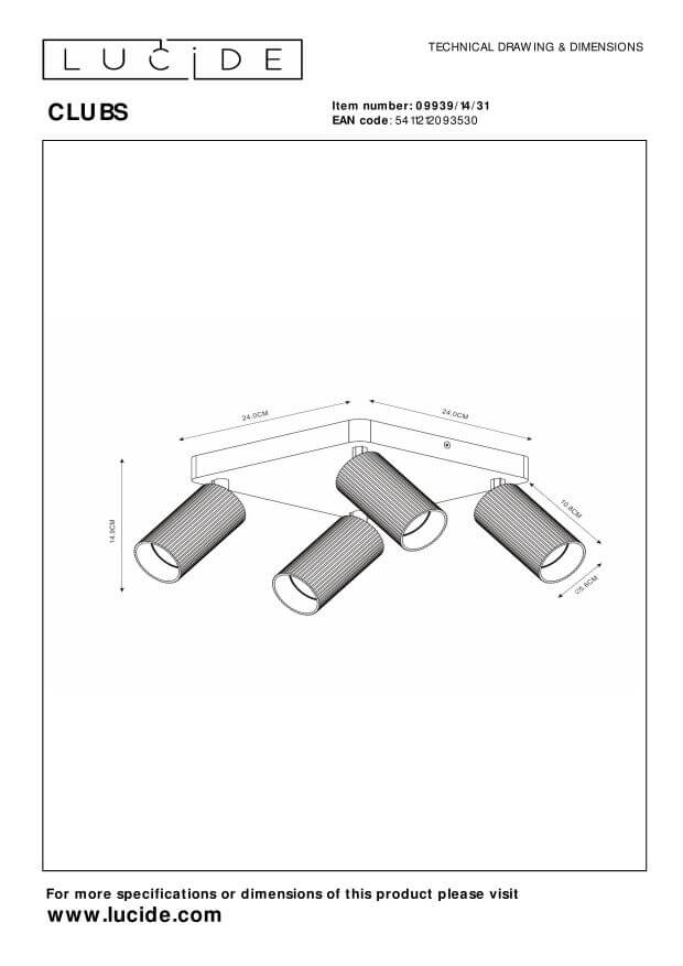 Schéma technique coté du plafonnier carré avec quatre spots cylindriques et dimensions.