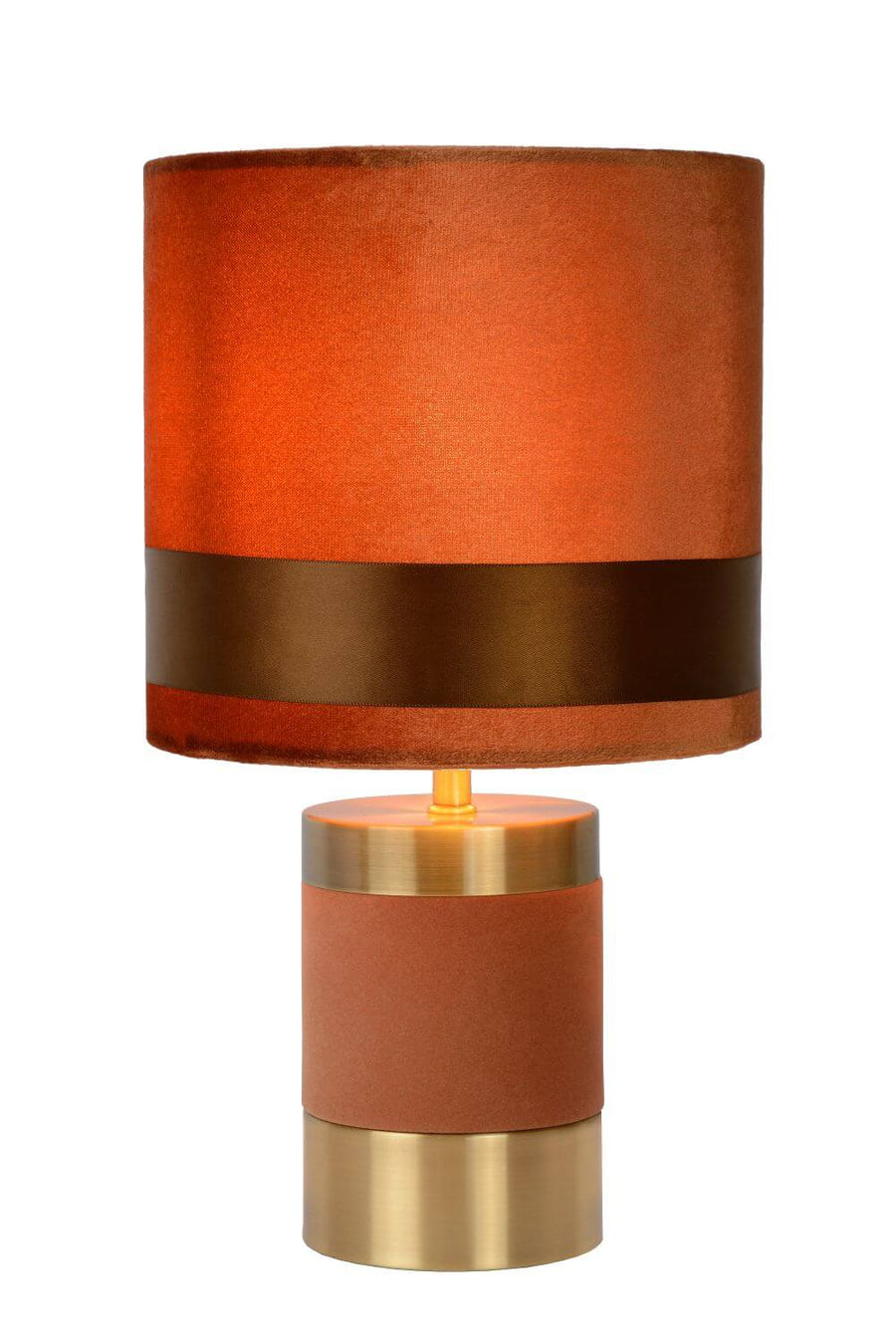 Vue de face du luminaire sur fond blanc, abat-jour orange et socle doré