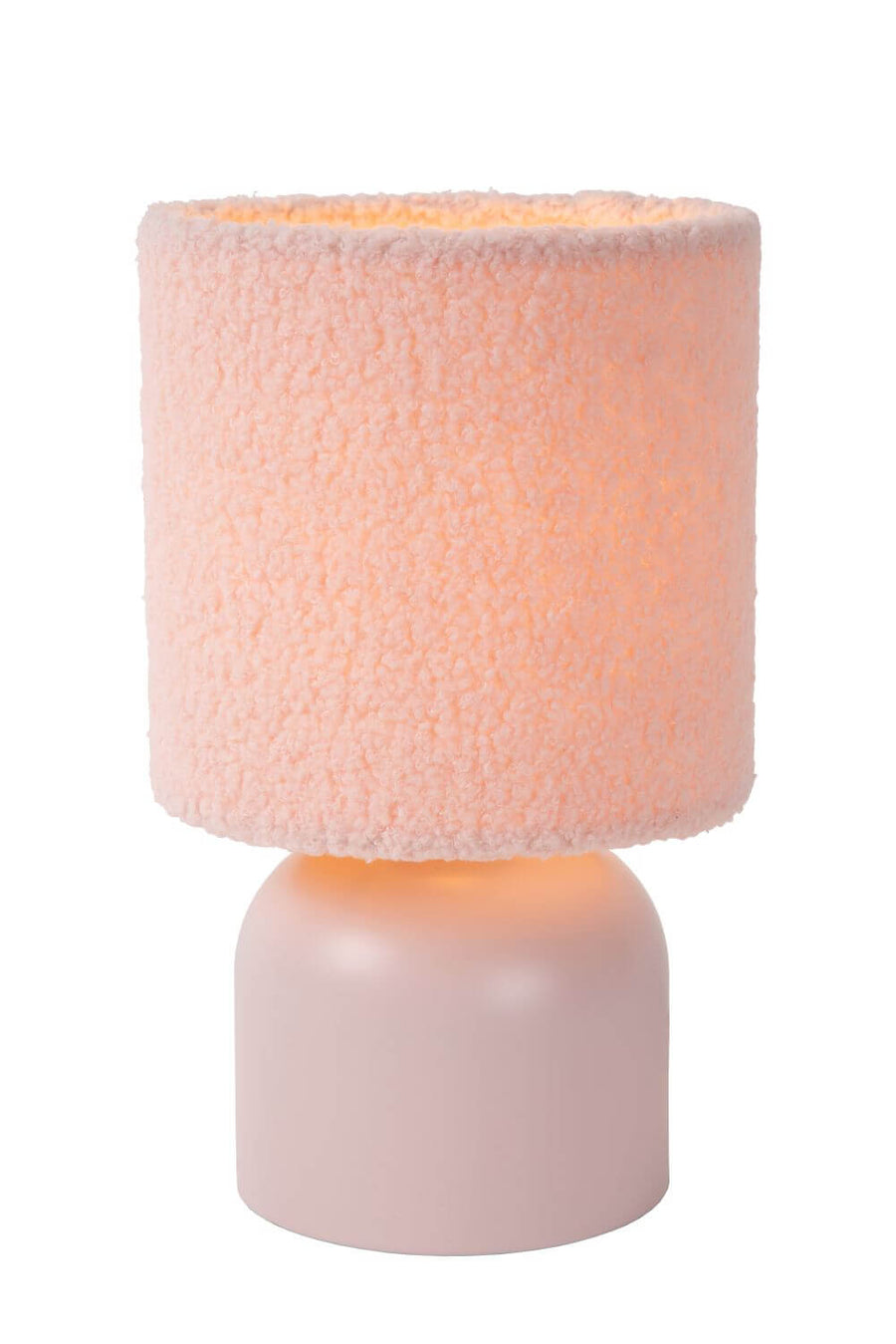 Produit de face sur fond blanc, lampe rose à abat-jour cylindrique allumé