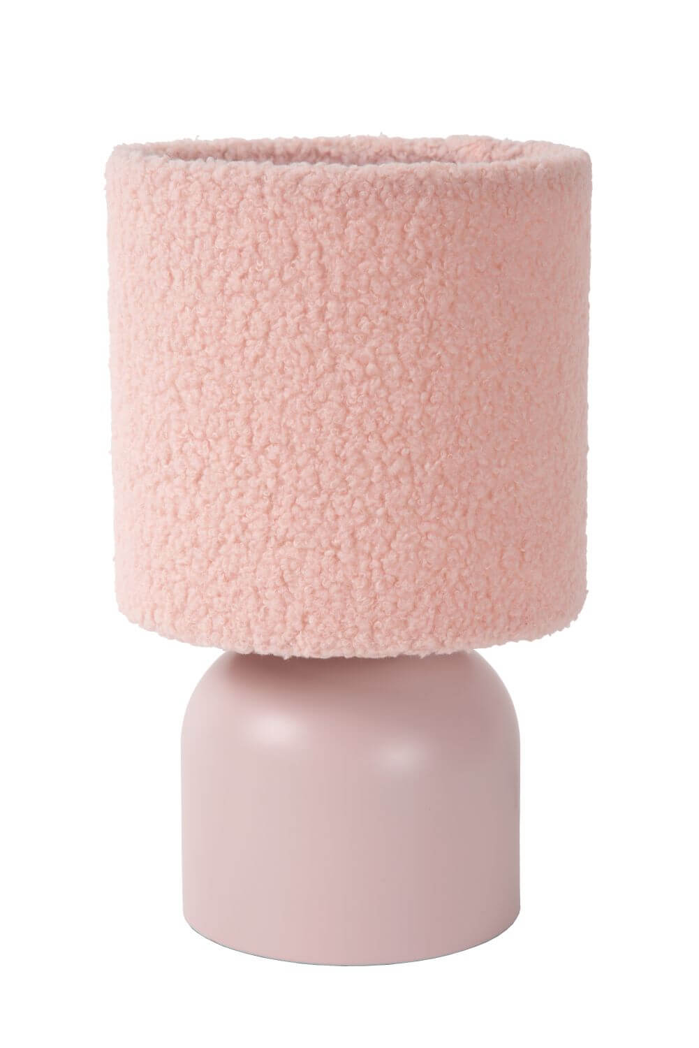 Vue de face sur fond blanc de la lampe rose, base et abat-jour cylindriques