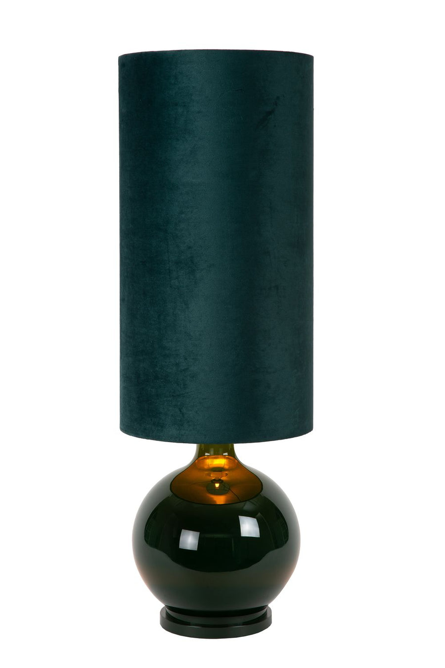 Vue de face du lampadaire vert foncé avec abat-jour cylindrique et socle boule.