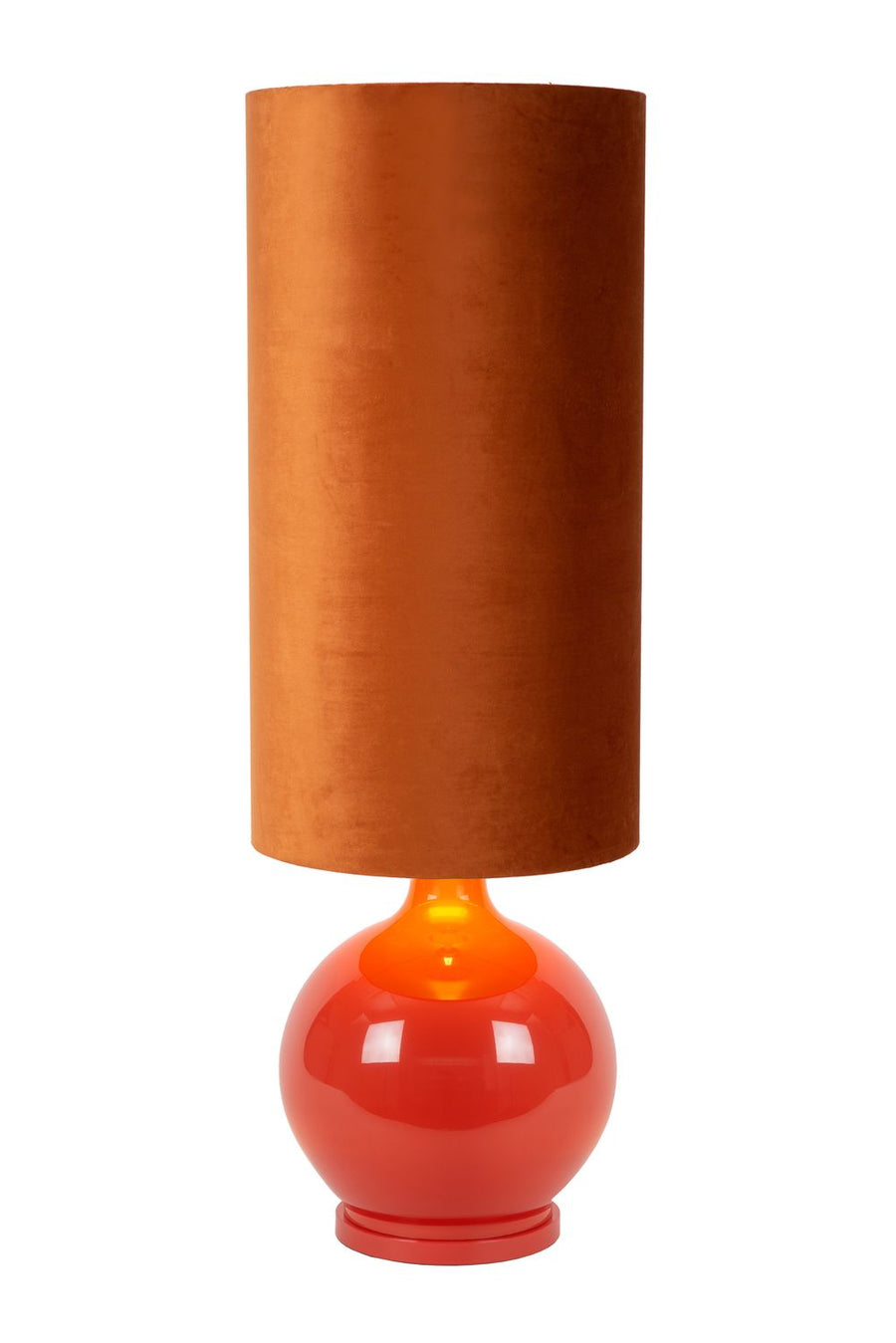 Vue avant du luminaire, mettant en valeur sa couleur orange vive et sa base ronde.