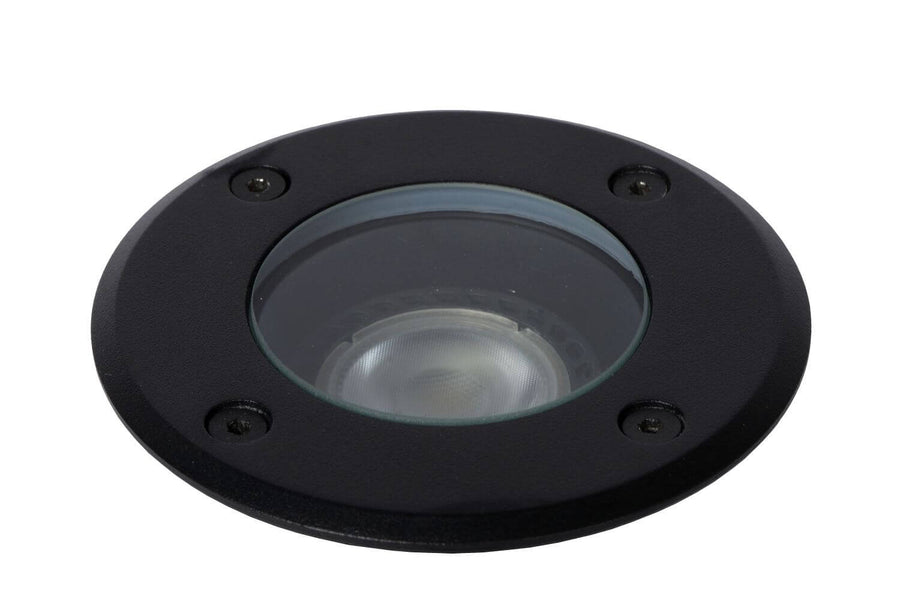 Gros plan sur la vitre de protection et réflecteur, encastré rond noir éteint