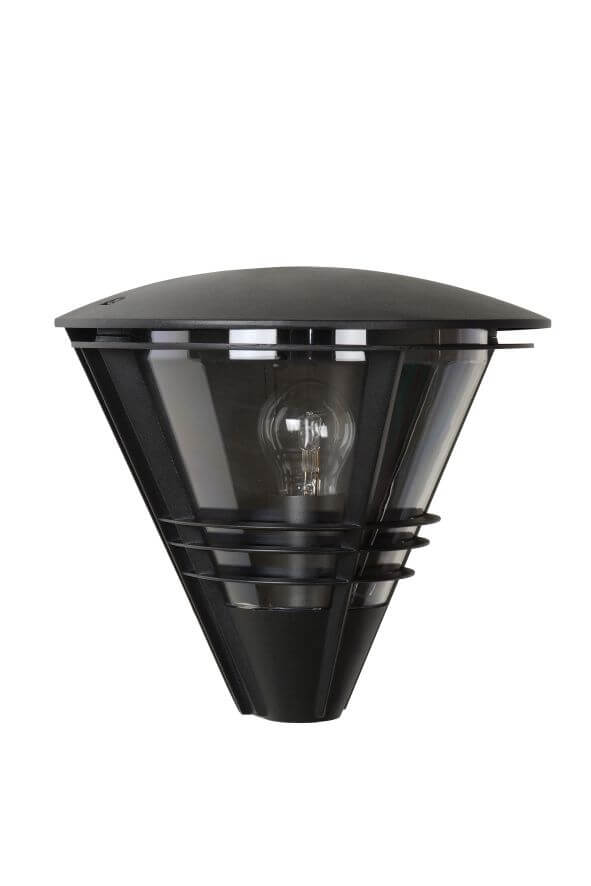 Vue du produit sur fond blanc, applique extérieure noire éteinte avec verre transparent.