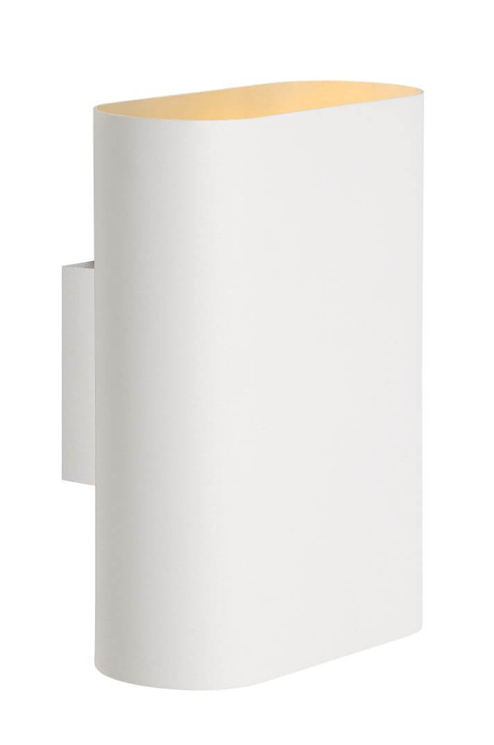 Vue détourée du luminaire blanc, face avant et profil arrondi.