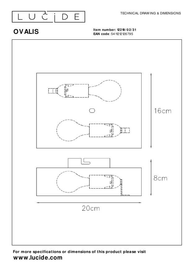 Dessin technique du luminaire avec cotes : 20 cm, 16 cm et 8 cm.