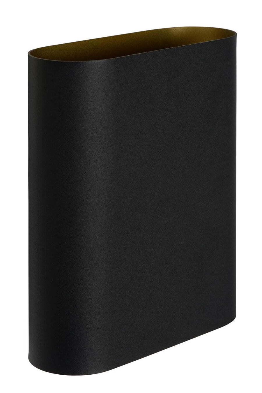 Détail du haut du luminaire montrant l'intérieur doré mat et la coque noire.