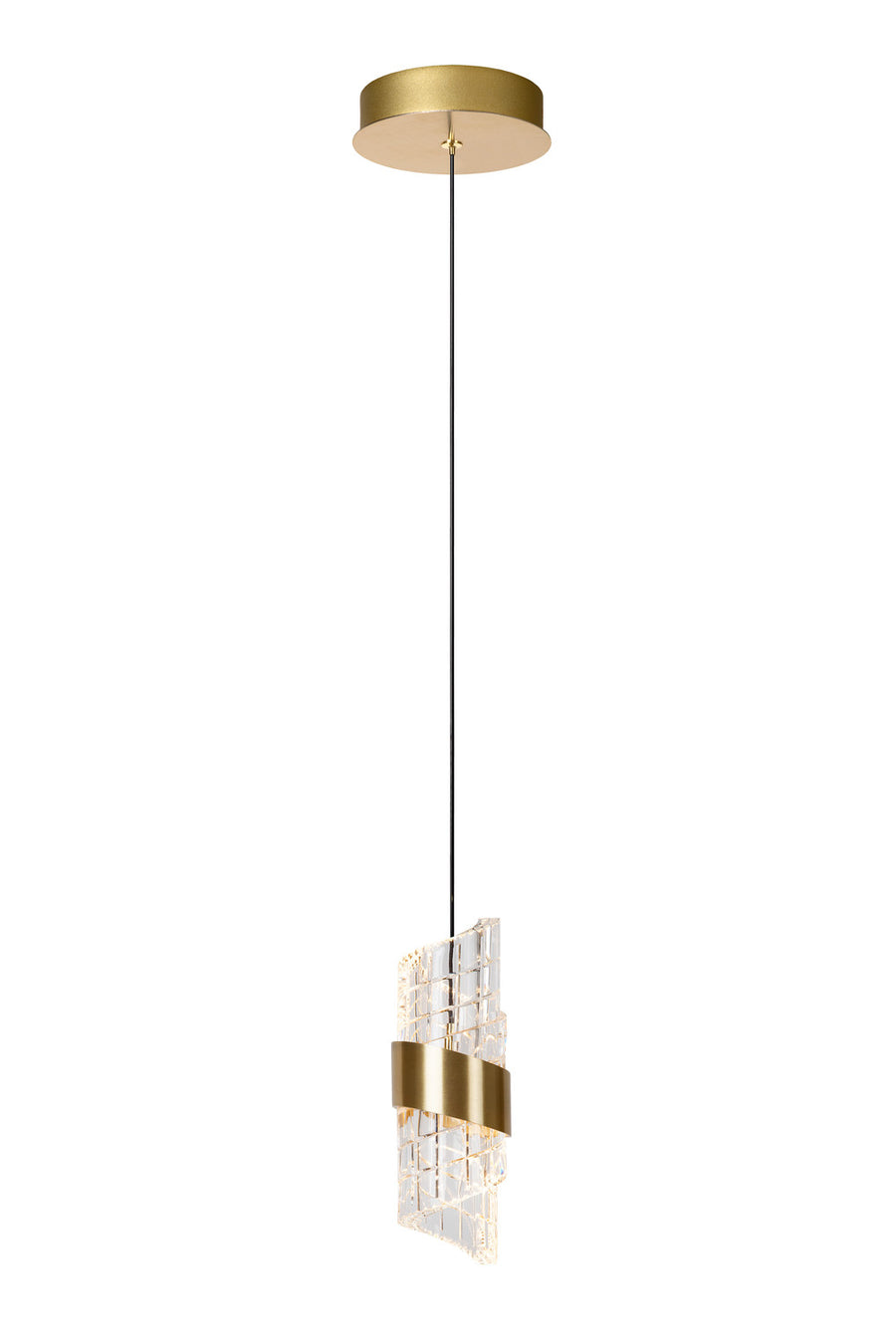 Vue de face du luminaire suspendu sur fond blanc, avec câble et rosace dorée.