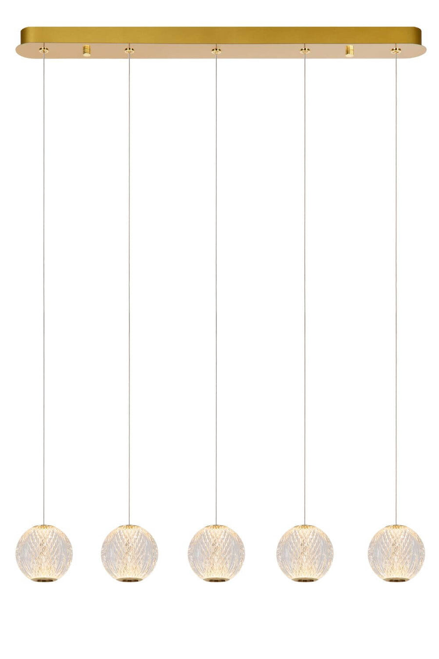 Vue de face du luminaire avec ses longs câbles réglables et ses cinq boules de verre