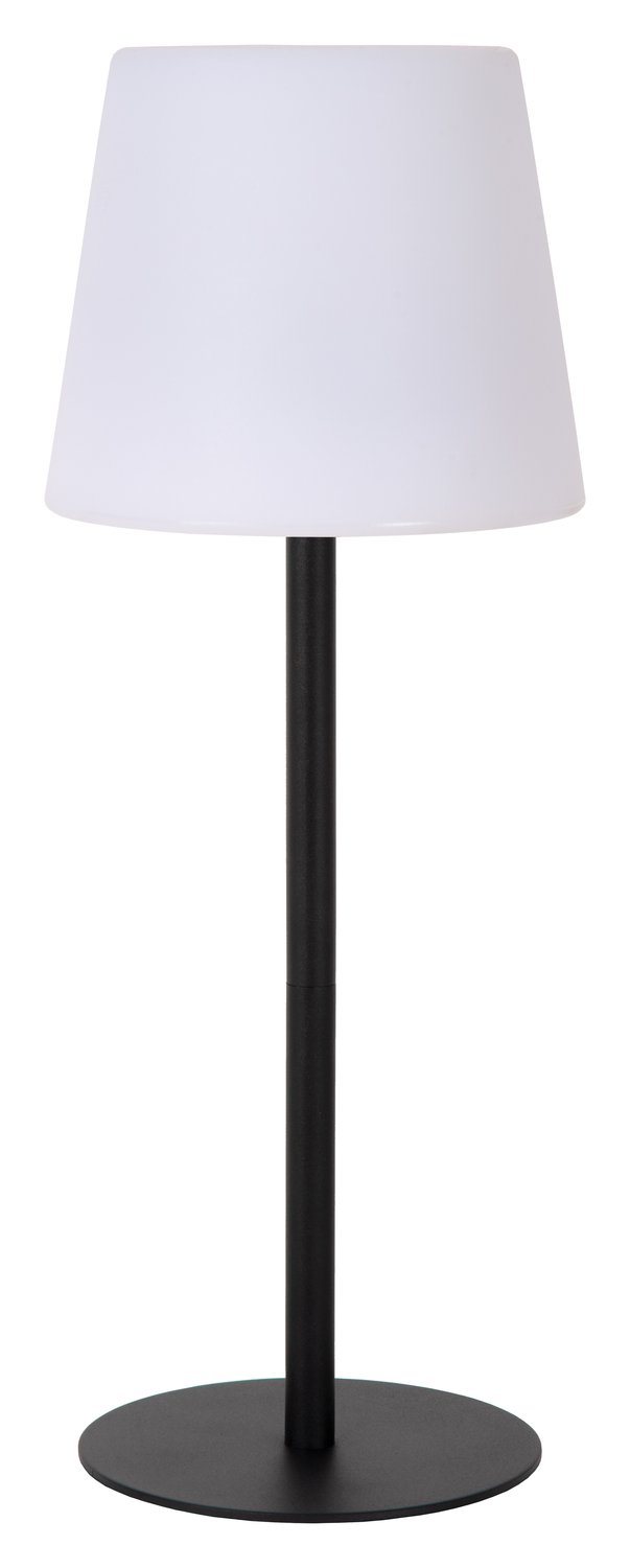 Produit de face éteint, abat-jour blanc et socle rond noir sur fond clair