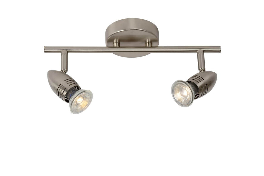 Produit isolé sur fond blanc, luminaire chromé à deux spots orientables vers le bas.