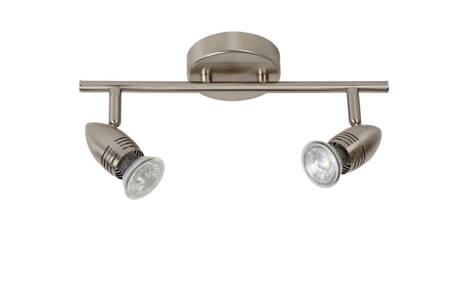 Vue de face du luminaire chromé avec deux projecteurs orientables et barre horizontale.