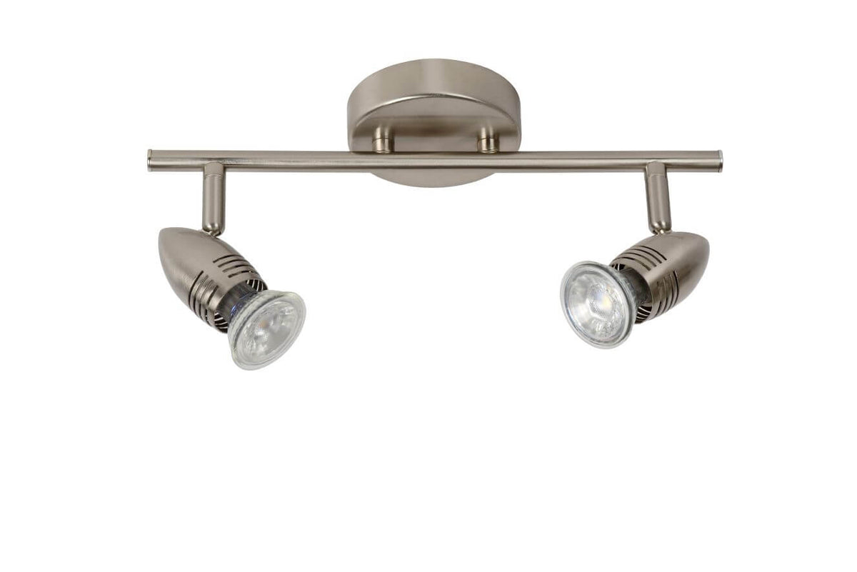 Vue de face du luminaire chromé avec deux projecteurs orientables et barre horizontale.