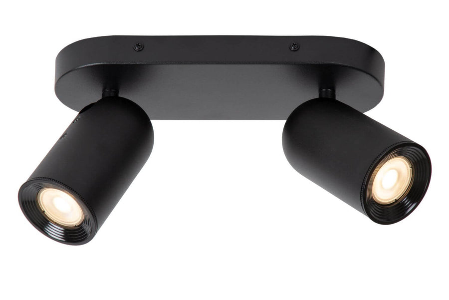 Produit de face, plafonnier noir deux spots cylindriques orientables vus de dessous