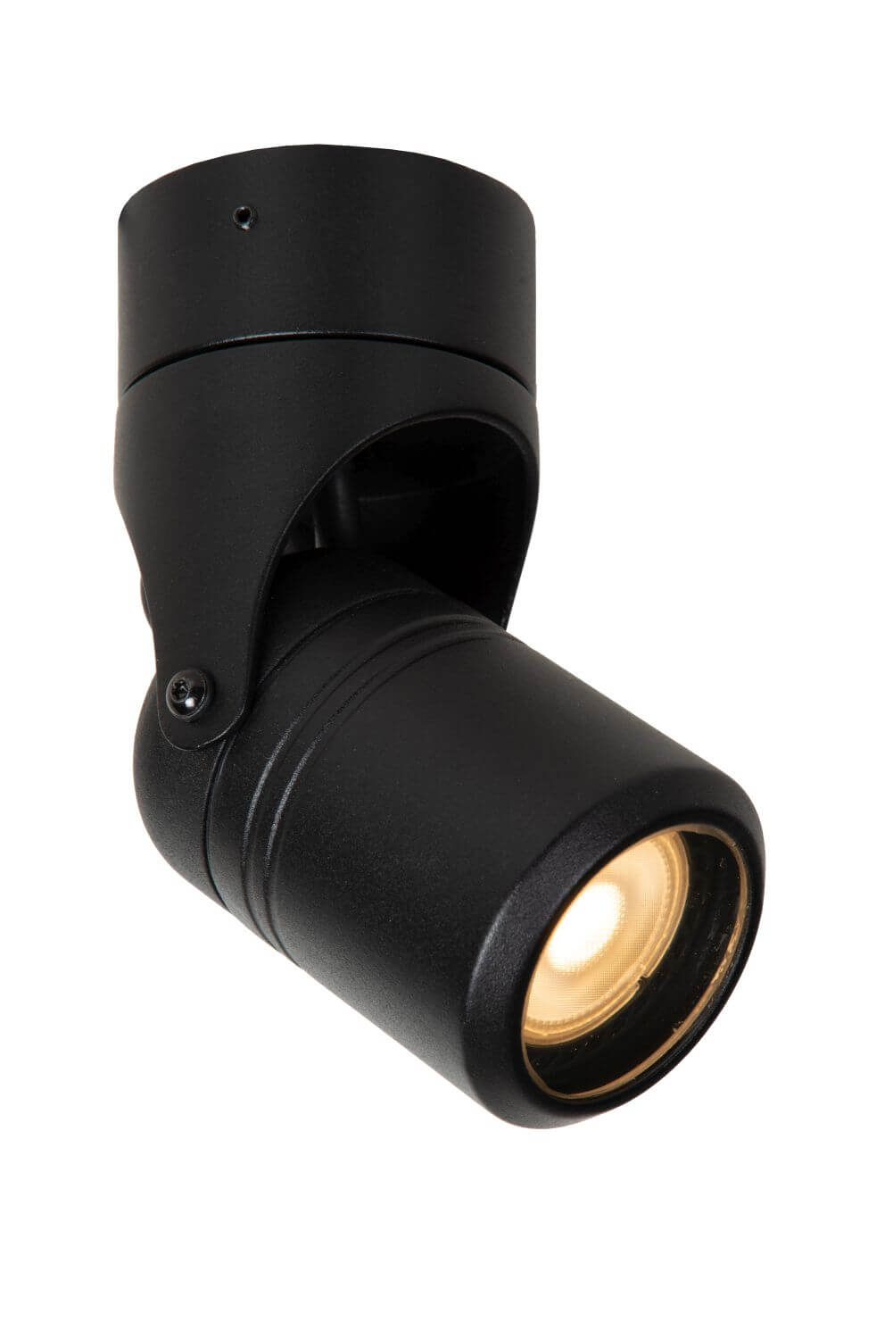 Vue rapprochée du projecteur noir, tête cylindrique orientée vers le bas.