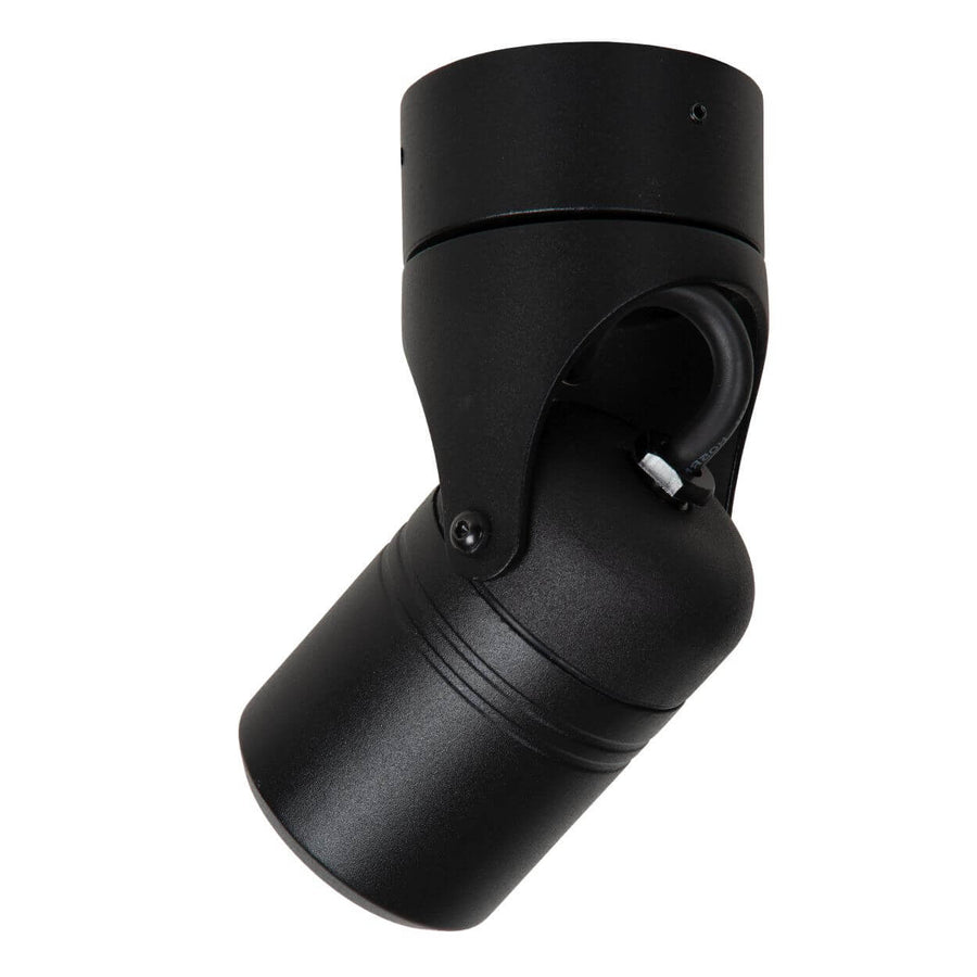 Détail arrière du luminaire noir avec câble d'alimentation et fixation apparente.