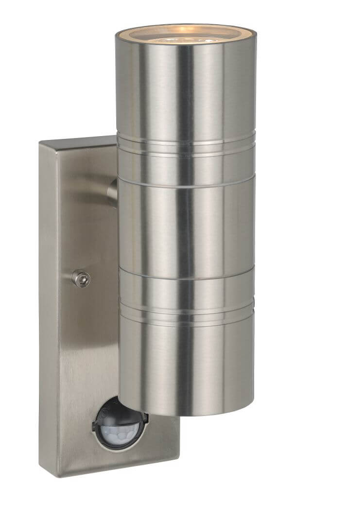 Produit sur fond blanc : applique murale inox avec deux sorties de lumière et détecteur.