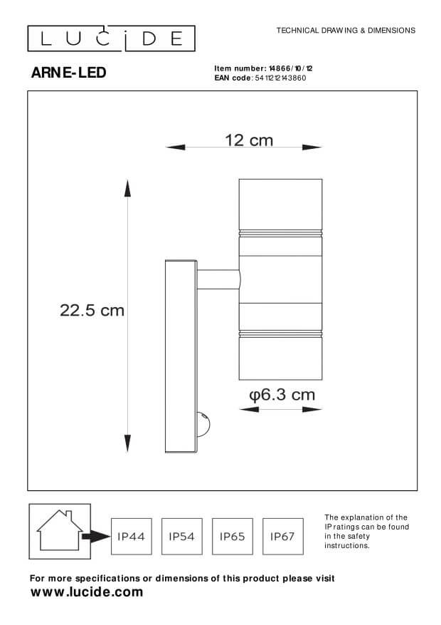 Schéma technique coté : hauteur 22,5 cm, diamètre 6,3 cm et distance mur 12 cm.