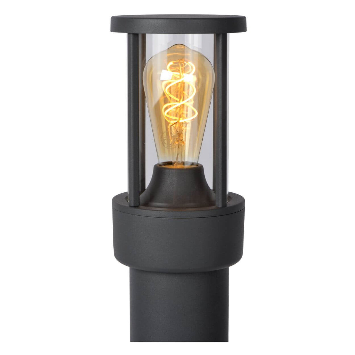 Détail du luminaire : verre transparent, ampoule Edison et structure anthracite.