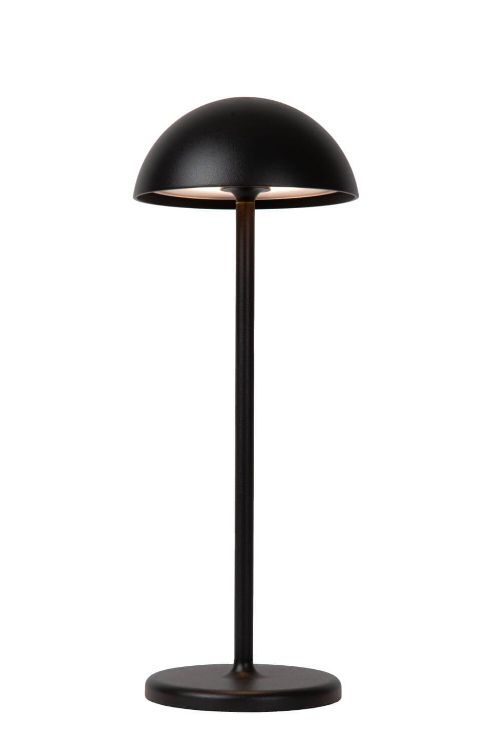 Vue de trois quarts du luminaire portable noir, montrant la tige et la base plate.