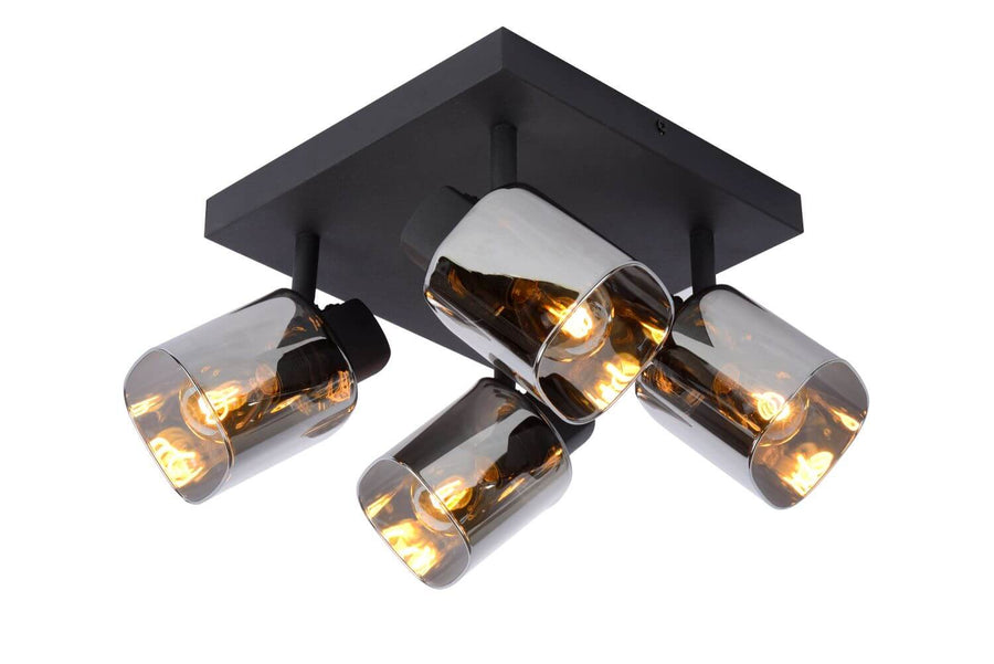 Vue de trois quarts du plafonnier noir sur fond blanc, quatre spots orientables.