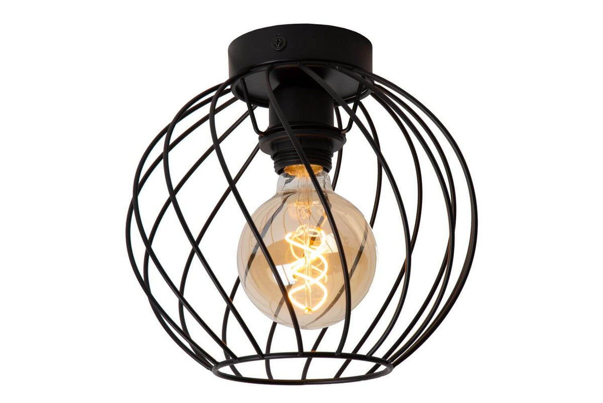 Vue de trois quarts du plafonnier noir, cage ronde et ampoule Edison allumée