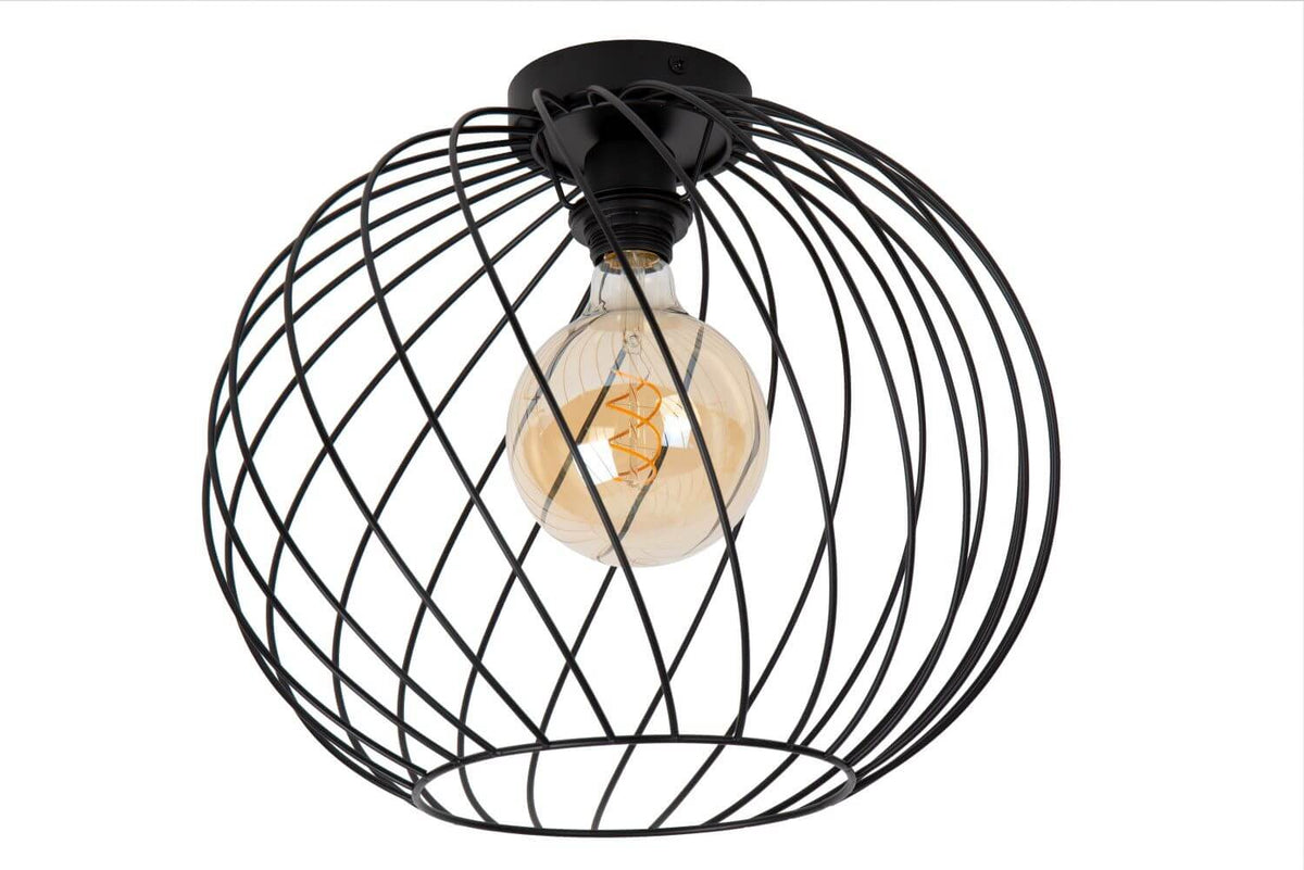 Vue de trois quarts du luminaire, mettant en valeur l'ouverture inférieure de la cage
