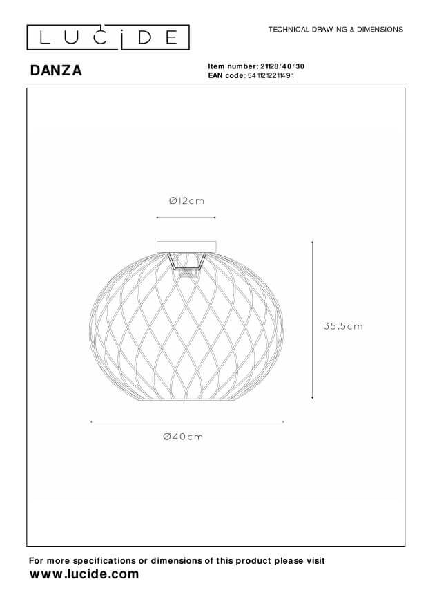 Schéma technique coté : diamètre 40 cm, hauteur 35,5 cm et base de 12 cm