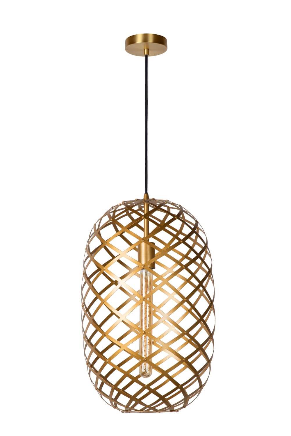 Vue isolée du luminaire doré avec câble noir et douille centrale apparente.