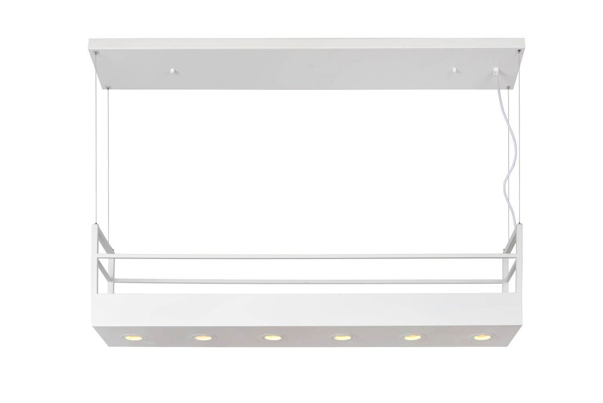 Vue de face du luminaire rectangulaire blanc équipé de six spots lumineux alignés.
