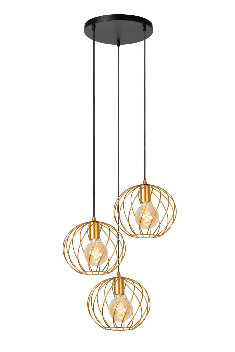 Vue de trois quarts du luminaire entier, trois cages dorées et leurs longs câbles noirs