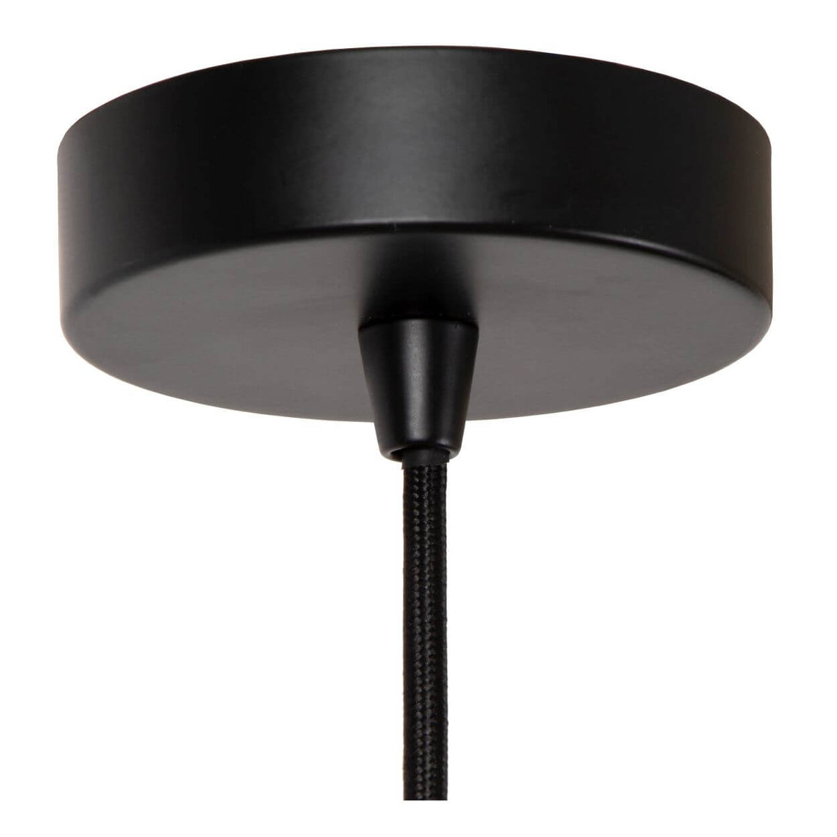 Détail de la rosace de plafond noire et départ du câble tressé