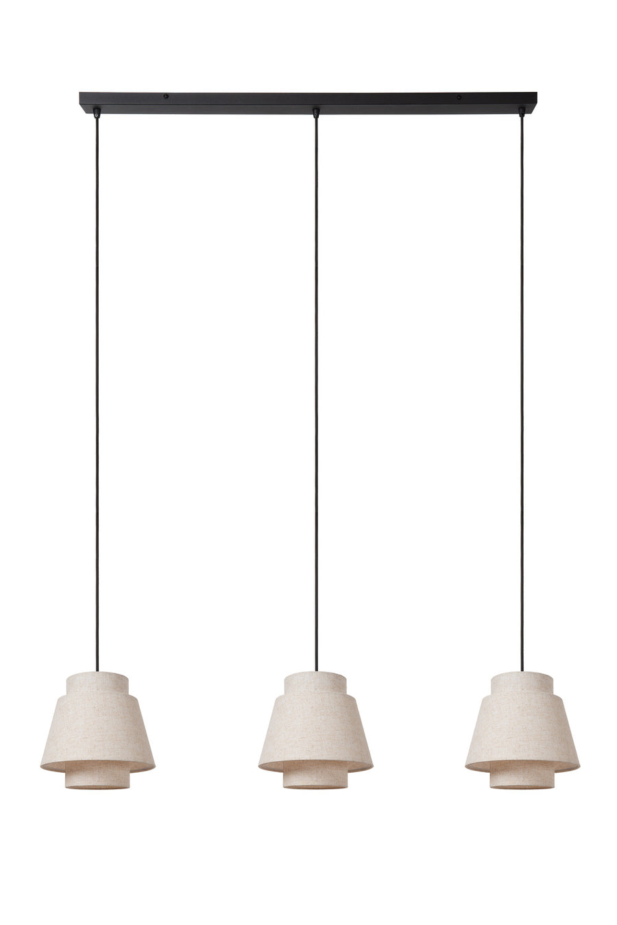 Suspension complète éteinte, barre noire et trois abat-jours beiges en tissu.