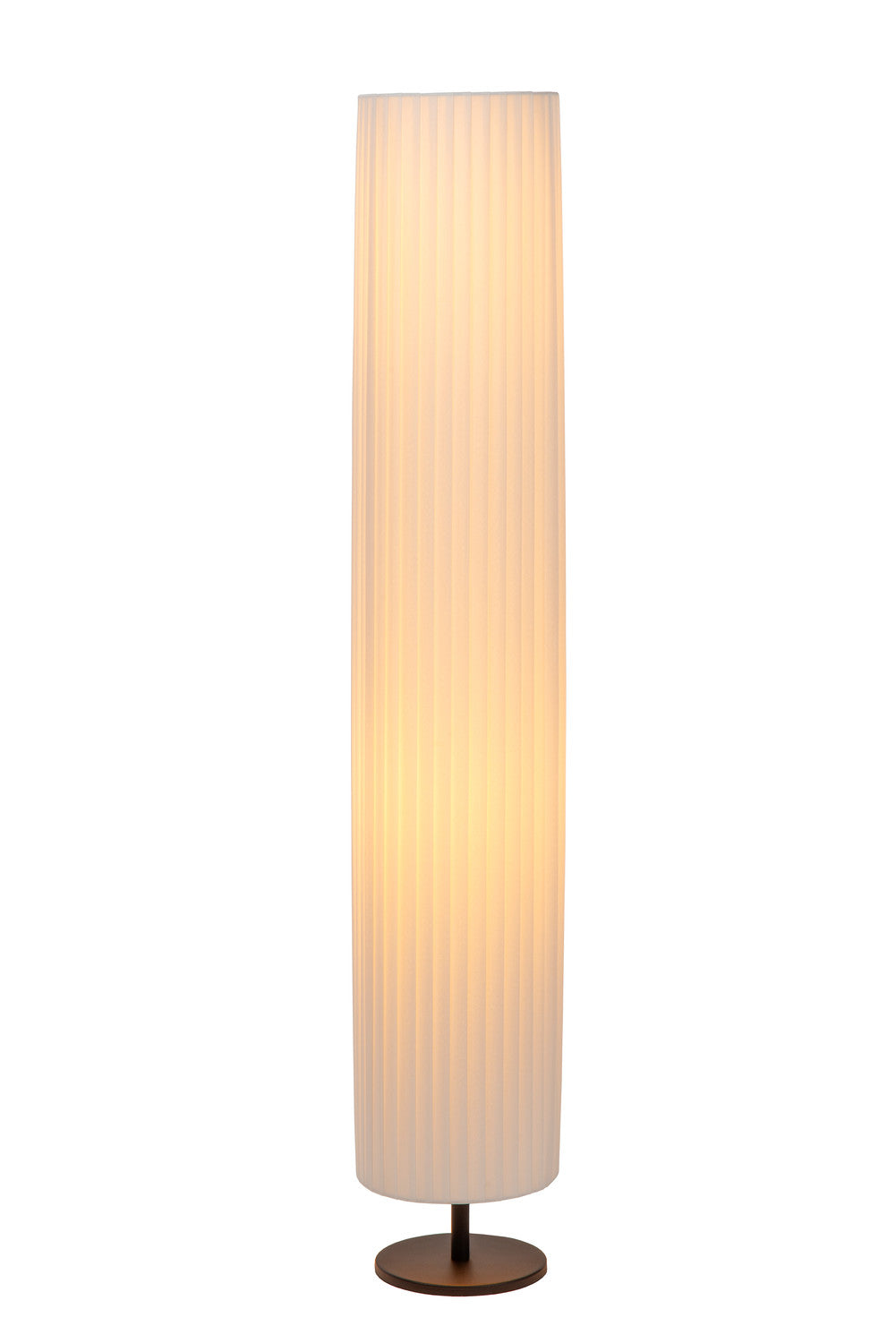 Produit de face sur fond blanc, abat-jour cylindrique plissé allumé, socle rond