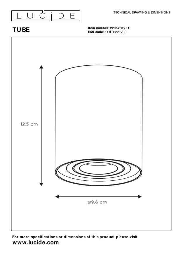 Schéma technique coté du plafonnier Tube, hauteur 12,5 cm et diamètre 9,6 cm.