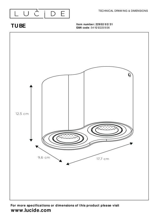 Schéma technique coté du plafonnier Tube, largeur 17,7 cm et hauteur 12,5 cm.