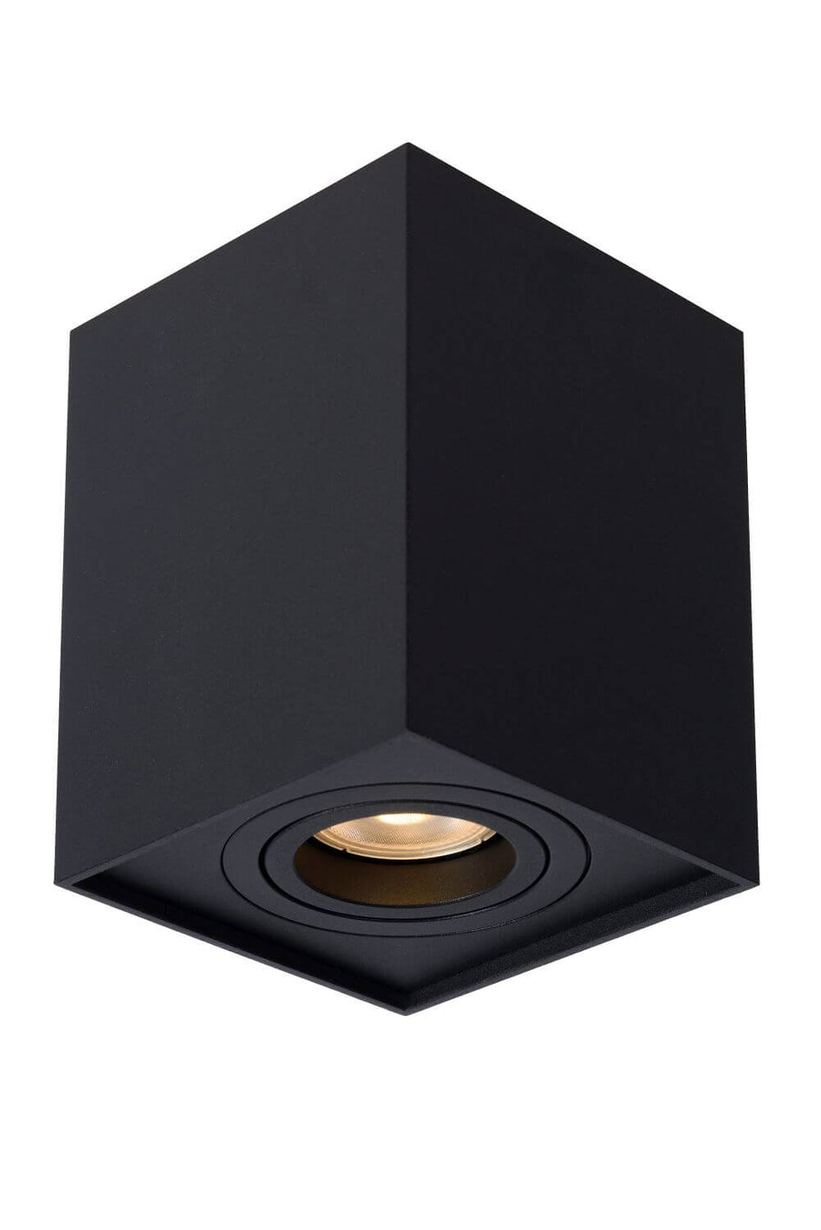 Vue de trois quarts du luminaire noir éteint, montrant le corps cubique et le spot encastré