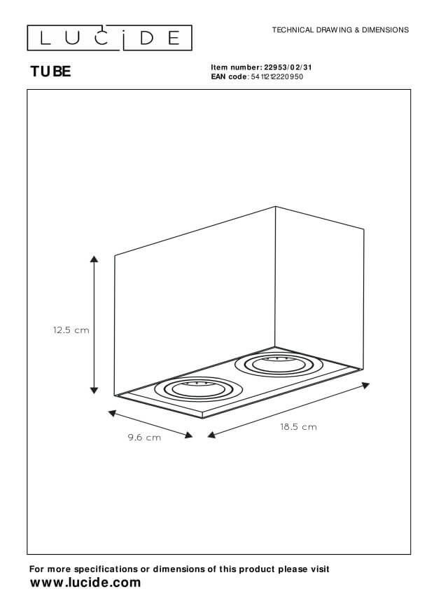 Schéma technique coté : hauteur 12,5 cm, profondeur 9,6 cm, longueur 18,5 cm