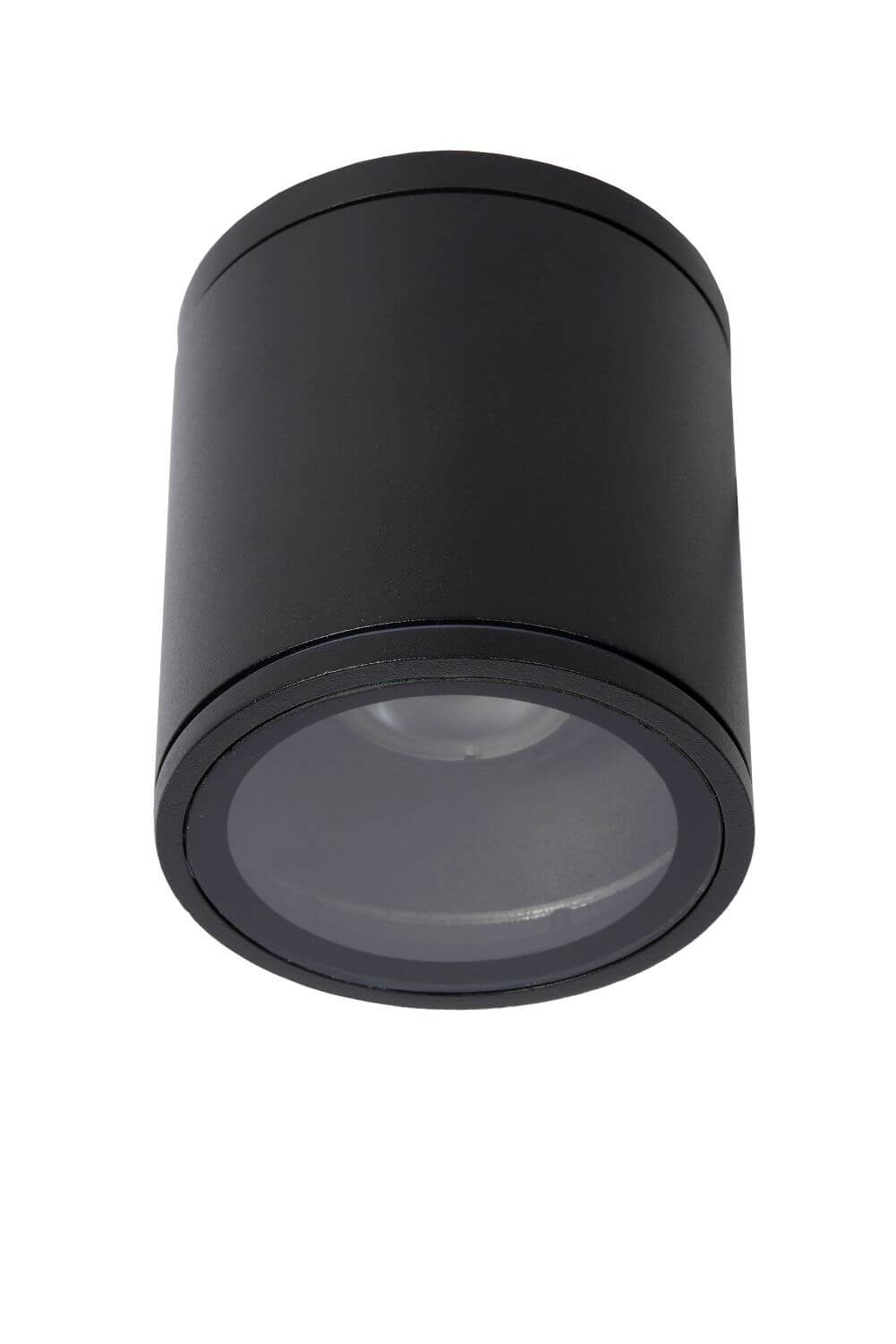Détail du plafonnier noir éteint, montrant le réflecteur et le verre de protection