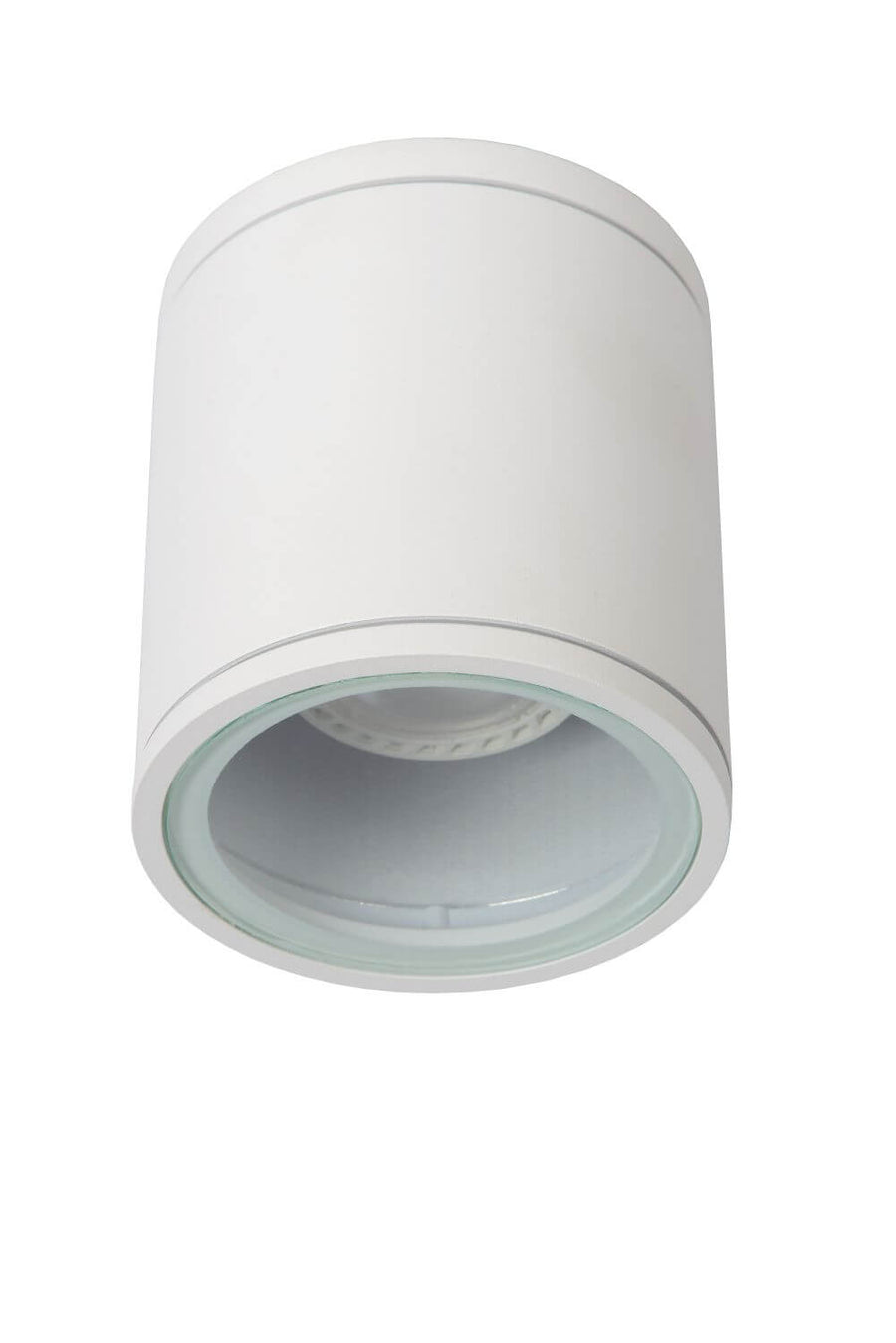 Détail du luminaire blanc cylindrique avec verre transparent et source LED