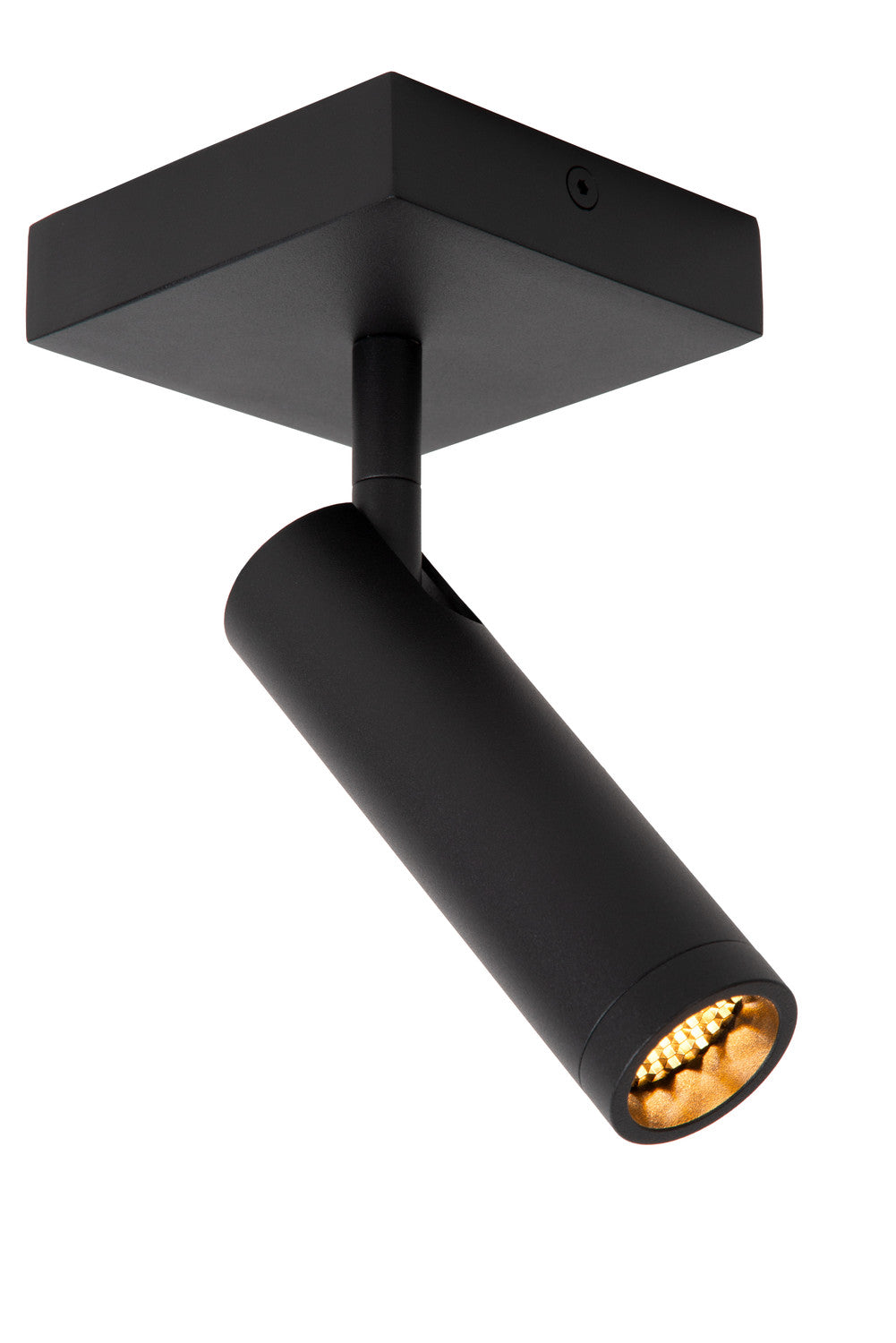 Vue de face inclinée du spot noir cylindrique avec base carrée et réflecteur doré allumé.