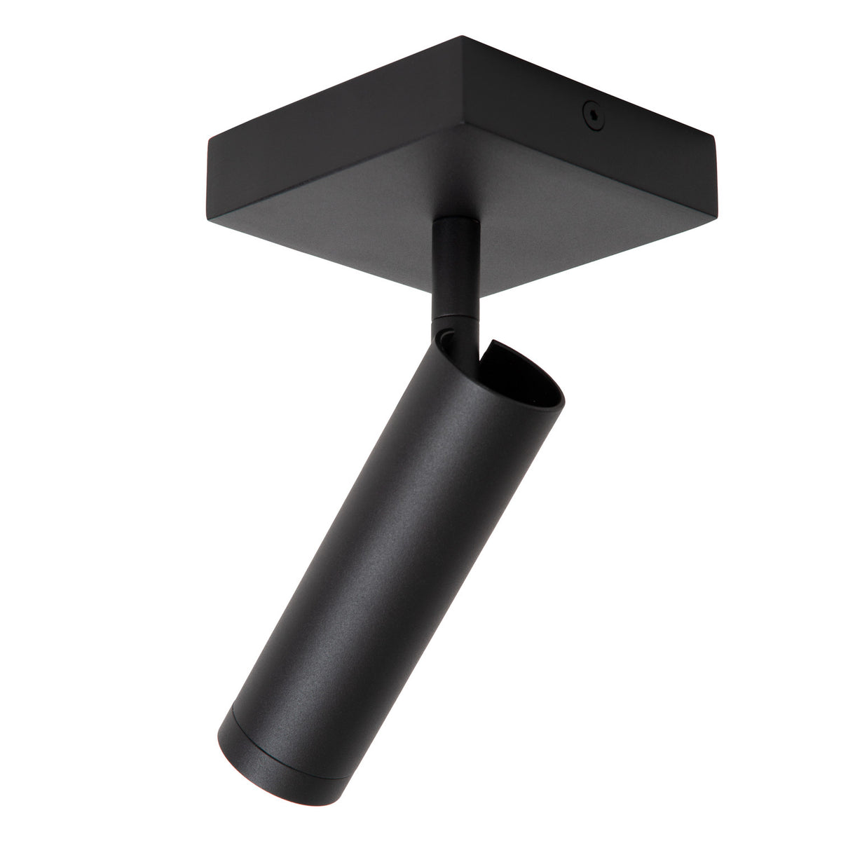 Vue de dessous du spot plafond noir, montrant l'intérieur cylindrique ouvert et le support.