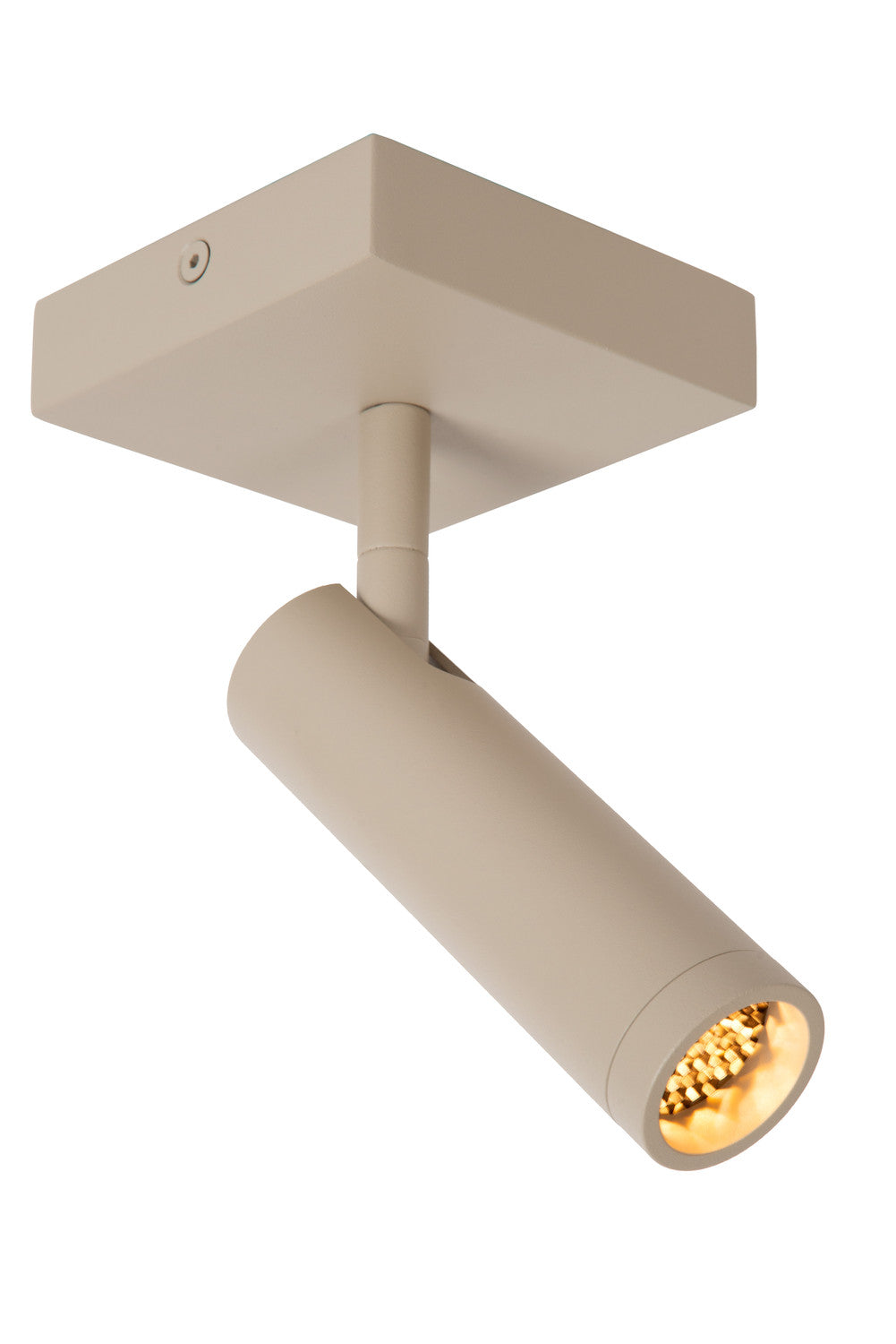 Spot de plafond orientable taupe allumé, montrant le faisceau doré et la base carrée.