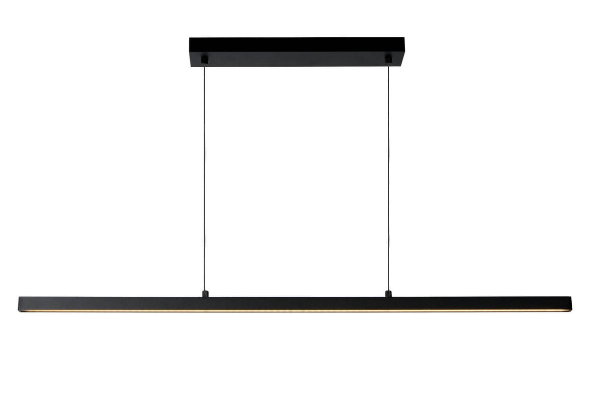 Vue de face de la suspension noire, câbles fins et diffuseur inférieur lumineux.