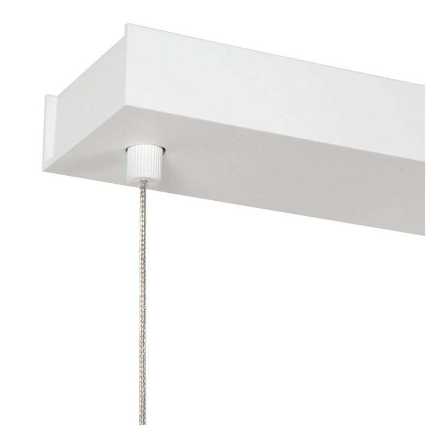 Gros plan sur l'embout cannelé blanc reliant le câble au support plafond