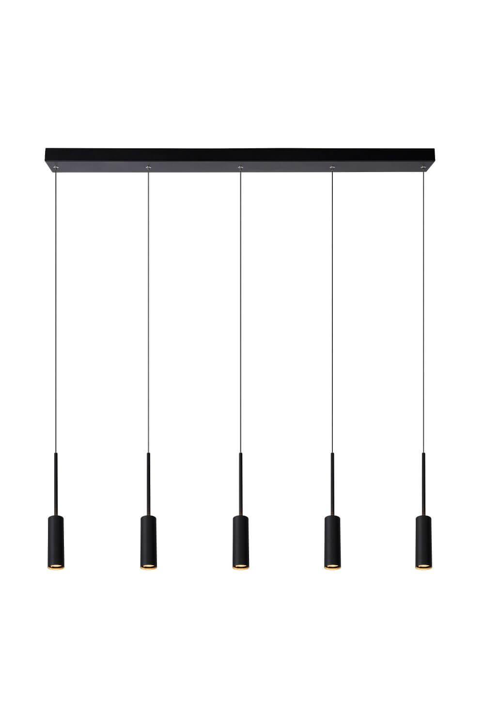 Vue de face du luminaire suspendu noir à cinq cylindres alignés